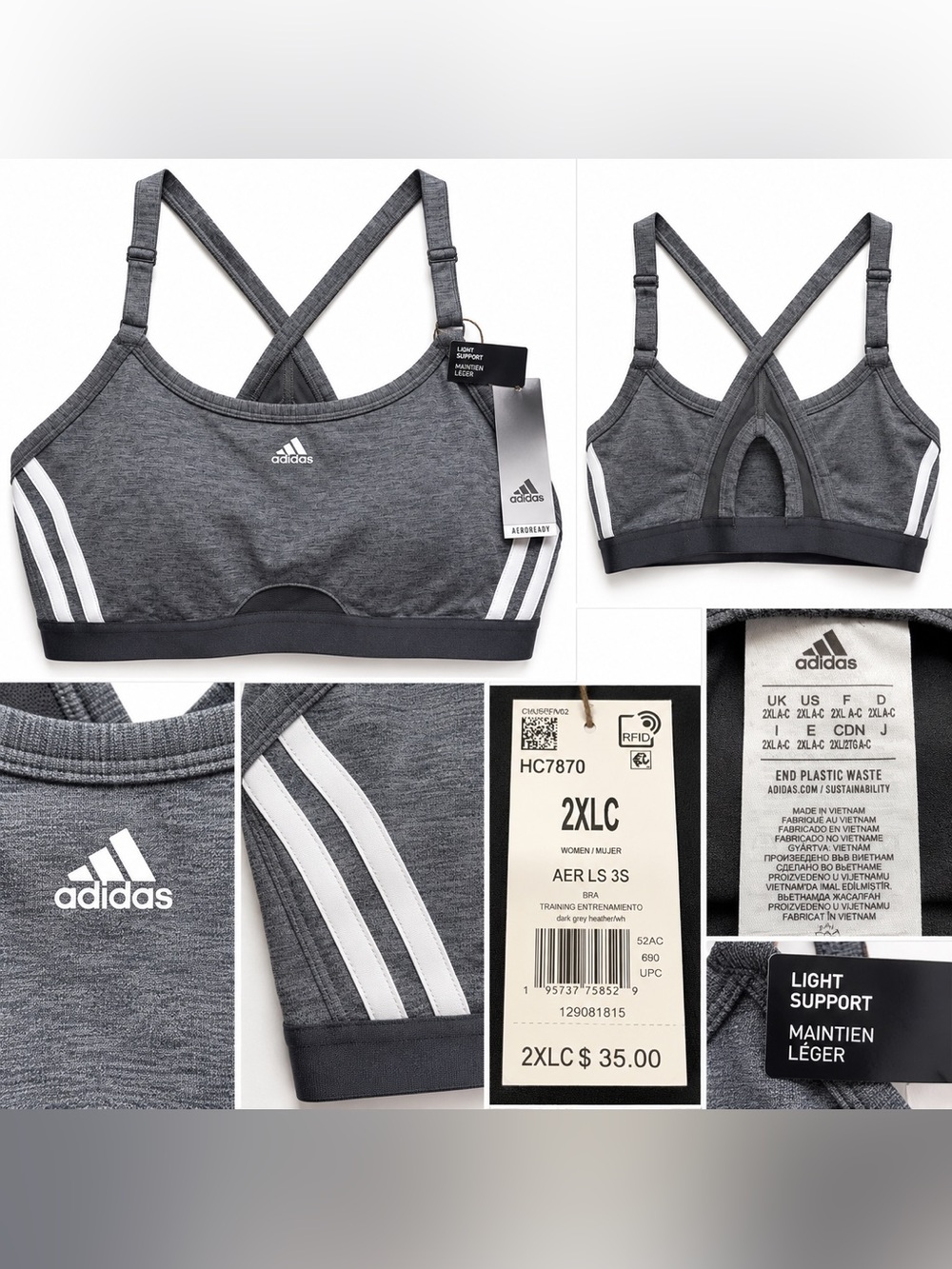 adidas Dark Gray Heather Light Support Sports Bra with White Stripes - 2XLC